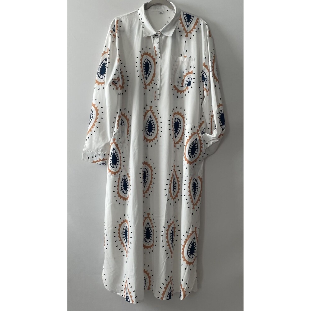 Womens Shirt Dress Maxi Long Sleeve Collared Paisley White Size 2XL-dmpv
